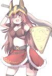  1girl :d animal_ears animal_helmet arm_behind_head arm_up bare_shoulders black_shorts black_thighhighs blush braid breasts brown_hair cartoon_bone cleavage commentary_request fake_animal_ears fangs fur-trimmed_skirt fur_trim grey_helmet hair_between_eyes helmet highres holding holding_sword holding_weapon hololive inugami_korone inugami_korone_(viking) listener_(inugami_korone) long_hair looking_at_viewer medium_breasts navel red_eyes red_skirt shield shorts shorts_under_skirt simple_background skirt smile solo sword thick_eyebrows thighhighs umberblack v-shaped_eyebrows very_long_hair virtual_youtuber weapon white_background 