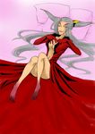  bad_id bad_pixiv_id barefoot bed breasts cleavage dissidia_final_fantasy dress facial_mark final_fantasy final_fantasy_viii grey_hair kitsuki_(chaotic-v) legs lips long_hair medium_breasts pillow solo ultimecia yellow_eyes 