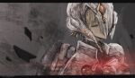  1girl blonde_hair closed_eyes commentary cracked_mask crying fiora_(xenoblade) glowing grey_background highres letterboxed mecha-fiora signature solo spoilers streaming_tears symbol-only_commentary tears toosut0 watermark xenoblade_chronicles_(series) xenoblade_chronicles_1 