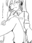  bangs crossed_legs detached_sleeves greyscale hatsune_miku headset kit_(studio) long_hair monochrome necktie sitting sketch solo translated vocaloid 