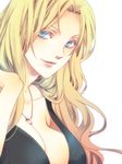  bleach blonde_hair blue_eyes breasts cleavage huge_breasts japanese_clothes jewelry long_hair matsumoto_rangiku mole mole_under_mouth smile solo stechen 