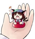  animal_ears blush brown_hair cat_ears cat_tail chen chibi closed_eyes fangs hands hat in_palm minigirl multiple_tails open_mouth out_of_frame pov pov_hands solo_focus tail touhou yawning yume_shokunin 