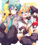  2boys arm_warmers bass_clef black_pants black_sailor_collar blonde_hair blue_background blue_hair blue_necktie blush border cellphone collared_shirt commentary_request double-parted_bangs feet_out_of_frame grey_shirt grin hair_between_eyes hatsune_mikuo headset highres holding holding_phone kagamine_len kaho_0102 leg_warmers male_focus multiple_boys necktie open_mouth outline outside_border pants phone pikachu poke_ball pokemon sailor_collar shirt shoes short_hair short_sleeves sitting smartphone smile two-tone_background vocaloid white_border white_outline white_shirt white_shoes yellow_background yellow_necktie 