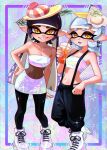  2girls black_pants border breasts callie_(splatoon) callie_(summer_nights)_(splatoon) cleavage cousins drink drinking_straw food food_on_head grey_hair hand_on_own_hip highres holding holding_drink inkling inset_border iridescent long_hair looking_at_viewer marie_(splatoon) marie_(summer_nights)_(splatoon) medium_hair mole mole_under_eye multiple_girls navel object_on_head official_alternate_costume open_mouth pants pointy_ears purple_border purple_hair ribonhaato shoes short_eyebrows smile sparkle splatoon_(series) splatoon_3 strapless suspenders teeth tentacle_hair thick_eyebrows tube_top very_long_hair white_shoes yellow_eyes 