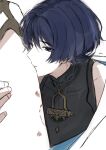  1boy absurdres artist_name bite_mark bite_mark_on_thigh black_bodysuit black_hair blue_kimono blunt_ends bodysuit covered_collarbone deep_skin eyeliner eyeshadow female_pov fingernails genshin_impact hetero hickey highres japanese_clothes juban kimono kissing_thigh leg_up looking_at_viewer lumine_(genshin_impact) makeup mandarin_collar multicolored_hair nan7719318 open_clothes open_kimono pov pov_legs purple_eyes purple_hair red_eyeliner red_eyeshadow scaramouche_(genshin_impact) shoulder_peek streaked_hair thigh_grab tsurime wanderer_(genshin_impact) white_background white_kimono 