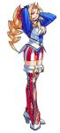  absurdres ahoge american_flag american_flag_print arms_behind_head bandana boots boxing_gloves breasts cheerleader cleavage clothing_cutout crossed_legs curly_hair edaki_shin&#039;ya flag_print full_body game_cg hands_on_own_head high_heel_boots high_heels highres justice_gakuen large_breasts leotard looking_at_viewer moero!_justice_gakuen multicolored_boots non-web_source official_art one_eye_closed ponytail simple_background sleeved_leotard smile solo standing star_(symbol) star_cutout thigh_boots tiffany_lords two-tone_boots white_background zipper 
