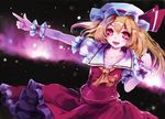  ascot blonde_hair childofa fangs flandre_scarlet hat outstretched_arm pointing ponytail red_eyes short_hair side_ponytail solo touhou wrist_cuffs 