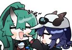  2girls arknights artist_name baseball_cap blush_stickers ch&#039;en_(arknights) ch&#039;en_the_holungday_(arknights) closed_eyes commentary_request dragon_horns eyewear_on_headwear feeding green_hair hair_between_eyes hat horns horns_through_headwear hoshiguma_(arknights) long_hair looking_at_another multiple_girls o_chu_pen official_alternate_costume open_mouth red_eyes simple_background single_horn sunglasses translation_request upper_body white_background 