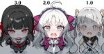  4girls ahoge black_collar black_hair black_shirt black_skirt blush boob_shadow_(meme) bow bright_pupils carlotta_(wuthering_waves) chisa_(wuthering_waves) collar colored_eyelashes commentary_request crying crying_with_eyes_open dress earrings hair_bow hair_ribbon jacket jewelry jinhsi_(wuthering_waves) long_hair looking_up meme multiple_girls open_mouth pink_bow pink_jacket red_eyes red_ribbon ribbon sailor_collar school_uniform serafuku shirt simple_background skirt tears white_background white_dress white_eyelashes white_eyes white_hair white_pupils white_sailor_collar william23784331 wuthering_waves 