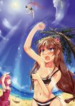  2girls absurdres akai_ringo_(ookami-san) anger_vein angry beach bikini blood blush brown_eyes brown_hair clenched_hand cloud day fisheye flat_chest g.h_(gogetsu) hair_ornament hairclip highres light_rays long_hair male_swimwear morino_ryoushi multiple_girls nosebleed one-piece_swimsuit ookami-san ookami_ryouko outdoors palm_tree parasol punching raised_fist sky strap_slip sun sunbeam sunlight swim_trunks swimsuit swimwear teeth tree umbrella uppercut water 