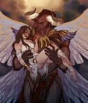 alessia_(tes) amulet_of_kings armor back_wings barefoot bethesda_game_studios bottomwear bovid bovine bridal_carry brown_body brown_fur brown_hair carrying_another chain chained_cuffs cloth_wrapping clothed clothing crown cuff_(restraint) duo ear_piercing ear_ring european_mythology fantasy feet female fur gold_(metal) gold_armor gold_cuffs greek_mythology hair hakuryuorion headgear holding_body horn human jewelry leather leather_clothing loincloth male male/female mammal metal_cuffs microsoft minotaur morihaus_(tes) mythology oversized_clothing partially_clothed pendant piercing queen restraints ring_piercing royalty spread_wings taur the_elder_scrolls wings