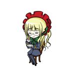  blonde_hair chibi closed_eyes cup hairband long_hair perrine_h_clostermann rozen_maiden saucer sawashiro_miyuki seiyuu_connection shimashima_(yutanin) shinku sitting smile solo strike_witches tea teacup world_witches_series 