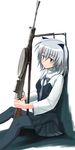  animal_ears bipod cat_ears dp-28 green_eyes gun kcme machine_gun military military_uniform necktie pantyhose rifle sanya_v_litvyak short_hair silver_hair sitting solo strike_witches uniform weapon world_witches_series 