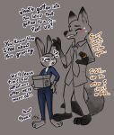 2025 3_toes angry anthro barefoot biped black_eyebrows black_text blue_bottomwear blue_clothing blue_pants blue_shirt blue_topwear blush blush_lines bodily_fluids bottomwear box canid canine clothed clothed_anthro clothed_female clothed_male clothing collared_shirt color_coded_text container cross-popping_vein dialogue digit_ring disney dress_shirt duo english_text eyebrows feet female finger_ring fox fur gold_ring grey_body grey_fur holding_box holding_container holding_object jewelry judy_hopps lagomorph larger_male leporid looking_at_another male mammal necktie nick_wilde one_eye_closed orange_text pants plantigrade pupils purple_eyes rabbit restricted_palette ring rubbing_butt shirt short_sleeves size_difference smaller_female snout soulcentinel standing stuttering suit sweat sweaty_face tapping_foot teeth text toes topwear true_fox wedding_ring zootopia