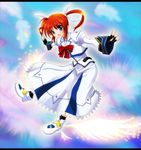  blue_eyes brown_hair fingerless_gloves gloves long_hair lyrical_nanoha mahou_shoujo_lyrical_nanoha mahou_shoujo_lyrical_nanoha_a's ok-ray outstretched_arms solo spread_arms takamachi_nanoha twintails 