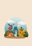  absurdres animal_focus bag blue_sky bush closed_mouth cloud crab crying dedenne dirt fangs full_body highres krabby maushold mouse_(animal) munchlax no_humans open_mouth outdoors pikachu pokemon pokemon_(creature) pokemon_focus porygon-z sky smile streaming_tears tears zozozoshion 