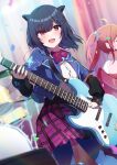  2girls absurdres arm_warmers blue_hair blue_jacket blue_pantyhose blurry blurry_background blush bow bowtie collared_shirt commentary cone_hair_bun confetti drum drum_set electric_guitar guitar hair_bun hair_ornament hairclip highres holding holding_guitar holding_instrument idolmaster idolmaster_shiny_colors instrument jacket komiya_kaho looking_at_viewer morino_rinze multiple_girls music open_clothes open_jacket pantyhose plaid_clothes plaid_skirt playing_guitar playing_instrument pleated_skirt purple_bow purple_bowtie purple_skirt red_eyes reikakrzk shirt short_hair skirt smile sweat white_shirt 