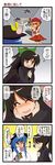  4koma aki_minoriko black_hair blonde_hair blue_hair comic dei_shirou food fruit hat highres hinanawi_tenshi long_hair multiple_girls peach ponytail reiuji_utsuho ribbon short_hair touhou translated 