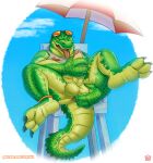  3_toes 4_fingers anal anal_fingering anal_masturbation anthro anus balls beach_umbrella blue_sky claws clothing cloud countershading crocodile crocodilian eyewear eyewear_on_head feet fingering fingering_self fingers genitals green_body green_scales hi_res humanoid_genitalia humanoid_penis hypnosis league_of_legends lifeguard_chair male masturbation mind_control non-mammal_balls open_mouth outside parasol penile penile_masturbation penis pool_party_renekton puggy renekton reptile ringed_eyes riot_games scales scalie sharp_teeth shirt sky solo spread_legs spreading sunglasses sunglasses_on_head tank_top teeth tencent text toe_claws toes tongue tongue_out topwear url 