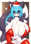  absurd_res ahoge anthro arm_warmers armwear big_breasts big_tail blue_eyes blue_hair blush bodily_fluids bra breasts camel_toe canid canine canis christmas christmas_clothing christmas_headwear christmas_lingerie clothing collarbone cum domestic_dog female finger_on_chin fur genital_fluids grey_body grey_fur hair hanul hat headgear headwear hi_res holidays huge_breasts husky inner_ear_fluff legwear lingerie looking_at_viewer mammal multicolored_body multicolored_fur navel nordic_sled_dog panties santa_hat solo spitz tail tailzkim thigh_highs tongue tongue_out tuft two_tone_body two_tone_fur underwear white_body white_fur 
