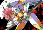  green_eyes hair_over_one_eye katana leaf long_hair mecha oborogumo_takamitsu pink_hair ready_to_draw sheath sheathed solo super_robot_wars super_robot_wars_the_lord_of_elemental sword valsione weapon 