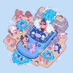  2boys artist_name backwards_hat black_hair brown_hair chuck_(pokemon) commentary espeon ethan_(pokemon) facial_hair fence game_boy game_boy_color handheld_game_console hat highres hitmonchan hitmonlee holding holding_poke_ball jacket leaphere male_focus mankey multiple_boys pants poke_ball poke_ball_(basic) pokemon pokemon_(creature) pokemon_gsc poliwag poliwhirl poliwrath primeape shoes shorts sparkle standing topless_male water waterfall wooden_floor yellow_shorts 