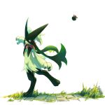  1other commentary_request furry grass highres keruasu0629 mask meowscarada other_focus pink_eyes pokemon pokemon_(creature) solo standing standing_on_one_leg tail white_background 