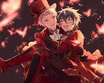  2boys black_gloves black_hair black_pants blue_eyes blush bug butterfly carrying ensemble_stars! gloves hair_between_eyes hat heterochromia itsuki_shu jacket kagehira_mika long_sleeves male_focus multiple_boys open_mouth pants pink_hair princess_carry red_brooch red_butterfly red_hat red_jacket short_bangs short_hair yellow_eyes yutsumoe 