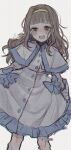 1girl bakara_(19083210) blue_bow blue_trim blush bow brown_hair capelet commentary_request cowboy_shot crying crying_with_eyes_open dress film_grain frilled_dress frills glitch hair_intakes hairband higanbana_no_saku_yoru_ni highres kusunoki_midori long_hair long_sleeves looking_at_viewer open_mouth red_eyes simple_background smile solo tears white_background white_capelet white_dress yellow_hairband 