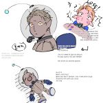  1boy ^^^ arrow_(symbol) backpack bag big_nose blue_gloves buttons closed_mouth defeat flat_color forehead furrowed_brow gloves helmet highres humanization korean_text louie_(pikmin) lying male_focus messy_hair multiple_views on_back pikmin_(series) pink_nose pointy_ears radio_antenna short_hair simple_background space_helmet spacesuit speech_bubble surprised translation_request unamused unusually_open_eyes very_short_hair whistle white_background yellow_eyes yu_pikmin 