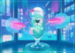  building cat cherry city crescent_moon drink fish flying_fish food fruit ice_cream ice_cream_float moon neon_palette night no_humans original translation_request wacca005 