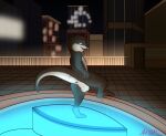  anentheotter anthro anus backsack balls brown_body brown_fur butt city dripping_water fur genitals green_eyes hi_res looking_back male mammal mustelid night nude otter outside pool presenting presenting_anus signature solo spread_butt spreading standing tail teeth water wet wet_body 