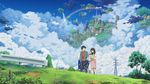  1girl child cityscape cloud couple day floating_city floating_island grass hetero isai_shizuka original outdoors power_lines rainbow scenery sky tree water waterfall 