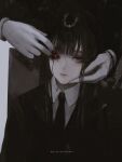  1girl 1other aoi_ogata artist_name black_hair black_jacket black_necktie black_sclera clip_studio_paint_(medium) closed_mouth collared_shirt colored_sclera gloves glowing glowing_eye highres jacket long_hair long_sleeves looking_at_viewer necktie one_eye_closed original red_eyes shirt solo_focus white_gloves white_shirt 
