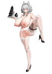  1girl absurdres alternate_breast_size anus belt black_belt black_shoes blue_eyes blue_nails bow breasts butt_plug cleavage dildo full_body garter_straps green_bow grey_hair high_heels highres holding holding_tray huge_breasts huge_dildo izayoi_sakuya lotion_bottle lube maid_headdress nail_polish nipples puffy_nipples sex_toy shoes short_hair simple_background solo standing standing_on_one_leg thigh_belt thigh_strap thighhighs topless_female touhou tray unworn_butt_plug user_ckkx8884 v white_background white_garter_straps white_thighhighs 