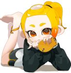  1girl barefoot black_jacket black_shorts blonde_hair closed_mouth dolphin_shorts gradient_hair highres holding holding_phone jacket long_hair looking_at_viewer lying multicolored_hair multicolored_jacket octoling octoling_girl octoling_player_character on_stomach orange_eyes orange_hair phone ponytail sabata_saba shorts smile solo splatoon_(series) splatoon_3 tentacle_hair thick_eyebrows two-tone_hair two-tone_jacket white_background white_jacket 