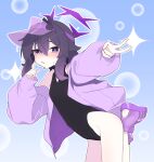  1girl above-cleavage_cutout absurdres alternate_costume badge black_hair black_one-piece_swimsuit blue_archive blue_background blush button_badge clothing_cutout cosplay diamond_cutout fluffy_hair gradient_background gradient_hair hair_between_eyes halo haruka_(blue_archive) hat highleg highleg_one-piece_swimsuit highres jacket long_hair long_sleeves looking_at_viewer multicolored_hair one-piece_swimsuit open_clothes open_jacket open_mouth purple_eyes purple_hair purple_halo purple_jacket purple_visor rabbit_ornament seia_(blue_archive) seia_(blue_archive)_(cosplay) seia_(swimsuit)_(blue_archive) solo sparkle sweat swimsuit takamebius0528 v visor_cap white_background 