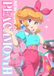  1girl aqua_shirt bag belt blonde_hair blue_eyes blue_shirt bracelet breasts earrings gold_bracelet hair_ribbon hairband handbag high-waist_pants highres jewelry lips long_hair looking_at_viewer mario_(series) mario_kart mario_kart_world moped motor_vehicle motorcycle pants parted_lips pink_belt pink_hairband pink_pants pink_ribbon princess_peach princess_peach_(sightseeing) ribbon saiwo_(saiwoproject) shirt smile solo sphere_earrings teeth 