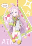  1girl absurdres aino_(genshin_impact) antenna_hair bad_source bangs_pinned_back child english_text food forehead full_body genshin_impact hair_between_eyes hair_ornament heart highres jacket long_hair looking_at_viewer pink_hair purple_eyes shaji_youshafu sleeves_past_fingers sleeves_past_wrists socks solo star_(symbol) very_long_hair 