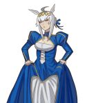  1girl absurdres ahoge animal_ears artoria_pendragon_(fate) blue_dress blue_eyes blue_ribbon braid braided_bun cleavage_cutout clothing_cutout cosplay cowboy_shot dress fate/stay_night fate_(series) grey_hair hair_bun hair_ribbon highres horse_ears horse_girl juliet_sleeves long_sleeves looking_at_viewer multicolored_hair oguri_cap_(umamusume) puffy_sleeves ribbon saber_(fate) saber_(fate)_(cosplay) sidelocks simple_background single_hair_bun skirt_hold solo two-tone_hair umamusume white_background white_hair xyanaid 