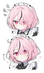  1girl :&lt; apron arrow_(symbol) black_dress black_streaks blush closed_mouth collared_dress commentary contrast_collar cropped_shoulders dress frilled_apron frills hair_between_eyes heart heart-shaped_pupils highres maid maid_headdress multicolored_hair multiple_views original pink_eyes pink_hair simple_background squiggle streaked_hair symbol-only_commentary symbol-shaped_pupils waka_(wk4444) white_apron white_background 