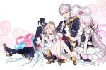  1boy 2girls ankle_boots armlet black_gloves black_jacket black_pants boots brown_hair closed_eyes colored_inner_hair colored_shoe_soles cropped_jacket dt_777_tb epaulettes gloves gradient_hair grey_hair hair_intakes hair_ribbon high_heel_boots high_heels idol_clothes jacket jewelry kuzuha_(nijisanji) layered_skirt long_hair low_ponytail makaino_ririmu multicolored_hair multiple_girls nijisanji nijisanji_idol_uniform open_mouth pants pink_eyes pink_hair pointy_ears ponytail red_eyes ribbon shiina_yuika shoe_soles simple_background single_epaulette sitting skirt sleeveless sleeveless_jacket smile streaked_hair tiara two-tone_hair two_side_up virtual_youtuber white_background white_hair white_skirt 