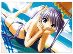  arm_support barefoot beach bikini chin_rest day dutch_angle grey_eyes jpeg_artifacts long_hair lying on_stomach purple_hair smile solo swimsuit towel twintails umbrella 