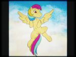 belly casual_nudity crt equid equine female feral flying genitals hasbro hi_res horse mammal mlp_g1 my_little_pony mythological_creature mythological_equine mythology on_model pegasus pony sky skydancer_(mlp) solo spread_legs spread_wings spreading style_emulation tabloi vhs_filter vulva wings
