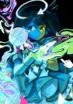  alternate_costume arrow_(symbol) belt black_eyes black_hair blue_skin blunt_bangs colored_skin dress ena_(ena) ena_(series) ena_(species) ena_(web_series) halo highres moony_(ena) multicolored_skin psychedelic sad_ena split-color_skin usagimarumei yellow_skin 