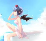  alternate_hair_color bare_shoulders blue_hair choker dress expressionless hat looking_afar looking_away ocean profile red_eyes ribbon shameimaru_aya shin_(new) short_hair sitting solo staring sundress tokin_hat touhou wings 