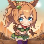  1girl animal_ears bandana bandeau bare_shoulders belt bikini bikini_under_clothes blue_eyes blush breasts brown_belt brown_gloves brown_hair chibi chibi_only cleavage closed_mouth commentary_request cowboy_shot gloves green_bandeau green_skirt gun hair_between_eyes hair_ornament highres holster holstered horse_ears horse_girl horse_tail index_finger_raised kaicho_(kaicho_p) large_breasts medium_hair midriff navel outdoors ponytail purple_thighhighs red_bandana revolver skirt smile solo standing star_(symbol) star_hair_ornament swimsuit taiki_shuttle_(umamusume) tail thighhighs umamusume weapon 