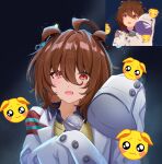  1girl absurdres agnes_tachyon_(umamusume) ahoge animal_ears black_necktie black_shirt brown_hair chemical_structure coat collared_shirt crying crying_with_eyes_open ear_ornament earrings ears_down game_screenshot_inset hair_between_eyes hands_up higeji_(higeji404) highres holding holding_microphone horse_ears horse_girl jewelry lab_coat looking_at_viewer medium_hair microphone necktie open_clothes open_coat red_eyes reference_inset shirt short_necktie single_earring sleeves_past_fingers sleeves_past_wrists solo stage_lights star_(symbol) tears umamusume variant_set white_coat 