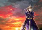  ahoge armor armored_dress artoria_pendragon_(all) blonde_hair cloud dress excalibur fate/stay_night fate_(series) fuyunohajime gauntlets green_eyes hair_ribbon hands_on_hilt looking_away ribbon saber sky solo sunset sword weapon 