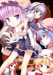 blue_eyes blue_hair blush book braid crescent flandre_scarlet hat holding holding_book hong_meiling izayoi_sakuya long_hair maid maid_headdress multiple_girls patchouli_knowledge pikazo purple_eyes purple_hair red_eyes red_hair remilia_scarlet silver_hair star thigh_strap touhou twin_braids wings 